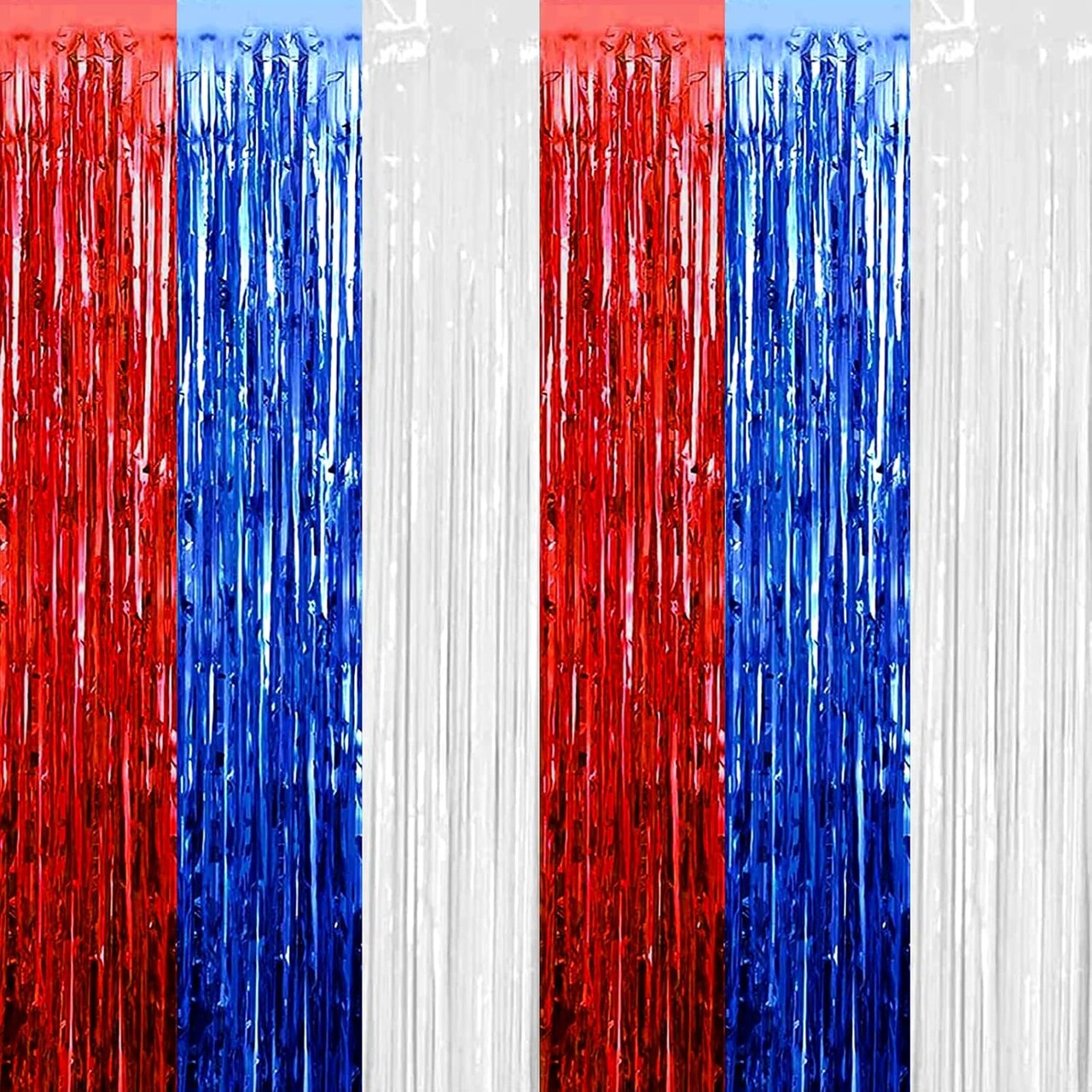 4-Pack Red, White, and Blue Foil Fringe Curtains - 3.3ft x 6.6ft Metallic Tinsel Backdrop - Patriotic Streamers for 4th of July, Memorial Day, Birthdays, and 2026 Sestercentennial Photo Booths